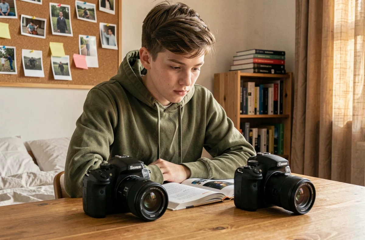Adolescent comparant deux appareils photo posés sur un bureau en bois avec un livre de photographie, illustrant le choix d'un appareil pour apprendre la photo