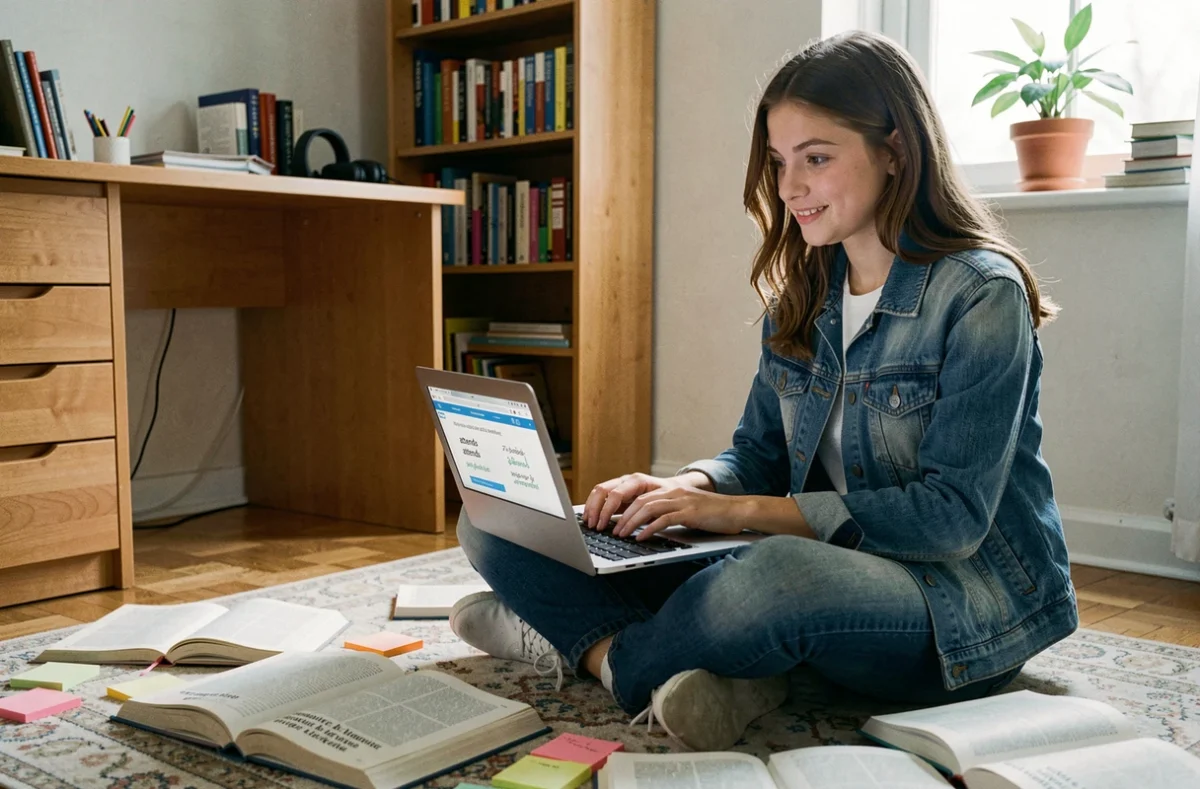 Adolescente révisant un quiz de grammaire française sur ordinateur portable concernant l'orthographe de 'attends' et 'attend'