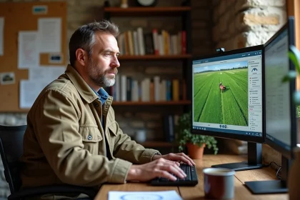 Agriculteur expérimenté utilisant le logiciel Simagri sur un ordinateur de bureau dans une ferme rustique en France