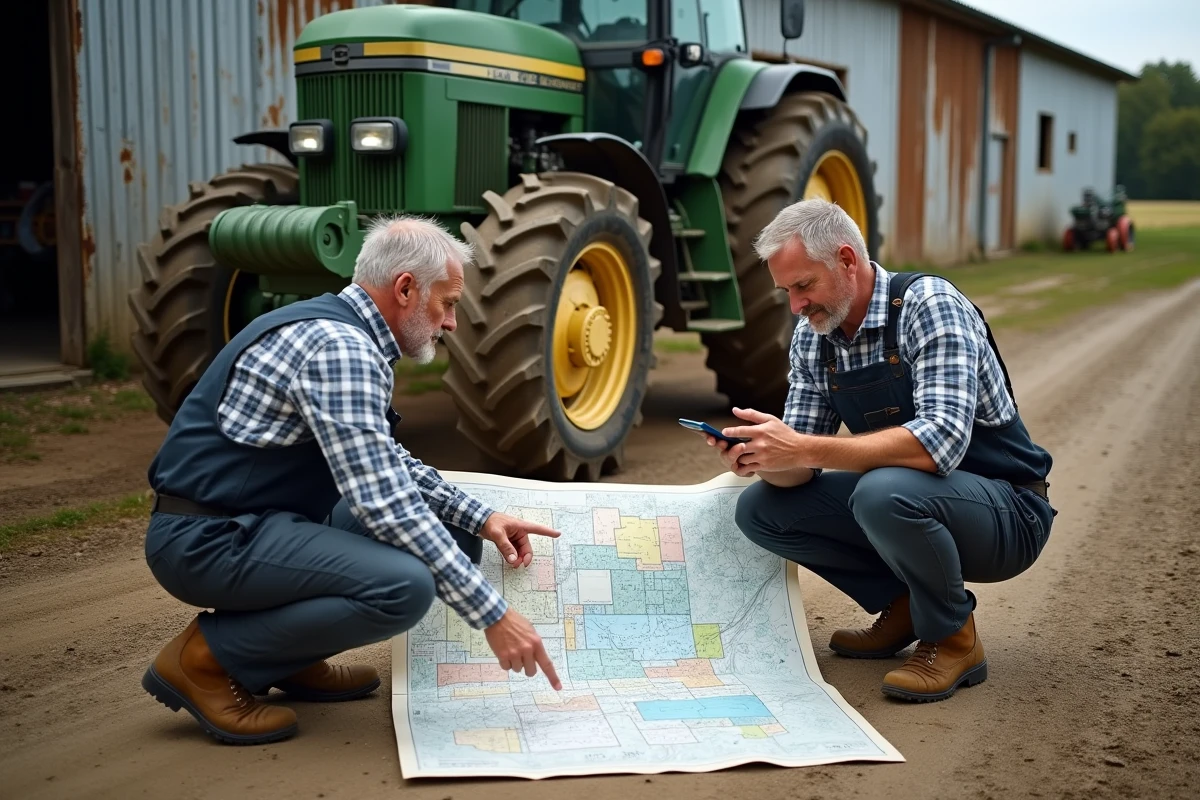 Deux agriculteurs français analysant une carte de planification agricole appuyée sur un tracteur dans une ferme