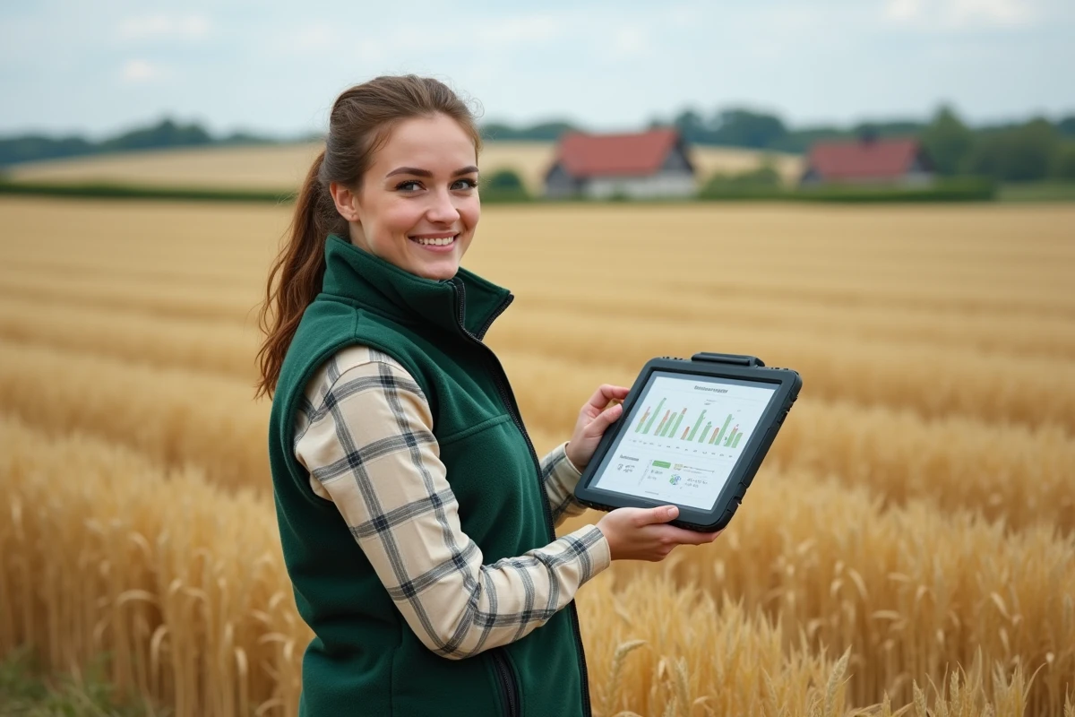Jeune agricultrice consultant une application de gestion de cultures sur tablette au milieu d'un champ de blé en France