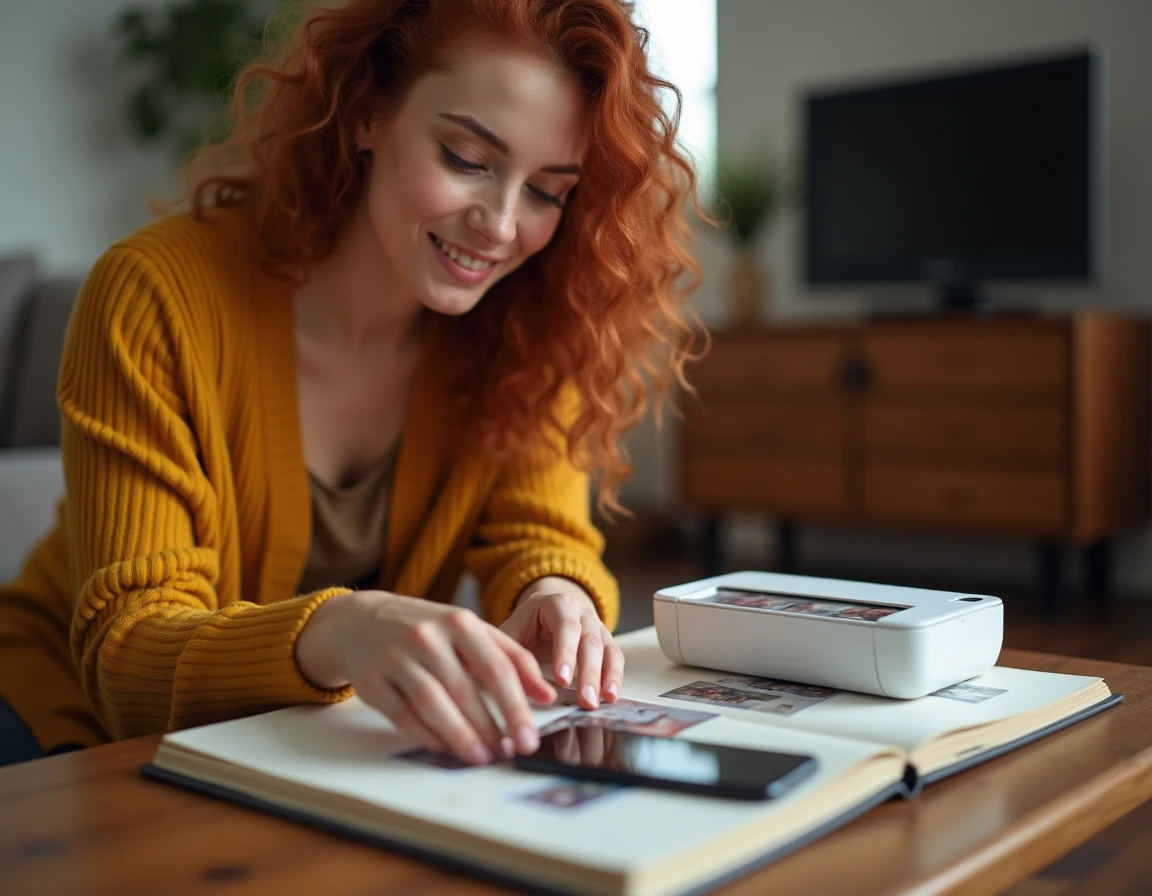 Jeune femme insérant une photo imprimée avec une imprimante portable dans un album photo à côté d'une imprimante classique