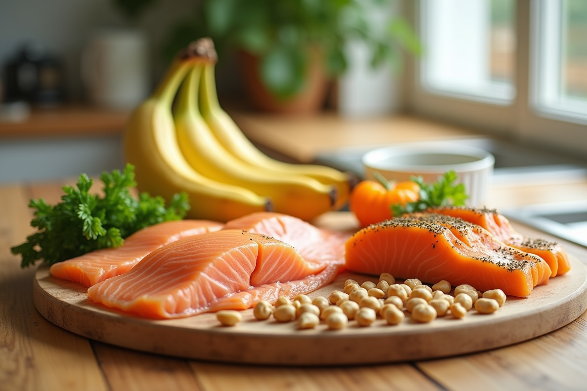 Aliments riches en vitamine B6 sur une table lumineuse