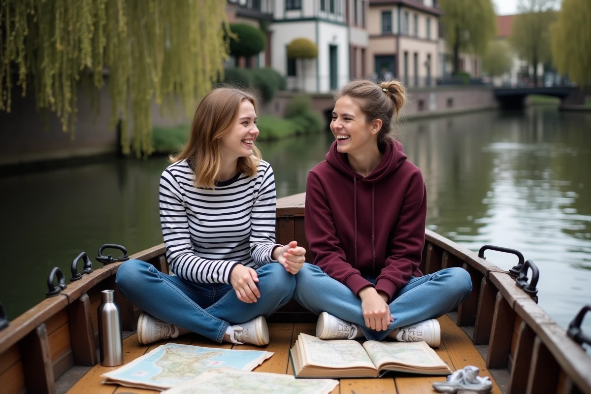 Deux amis planifiant une journée insolite à Strasbourg depuis une péniche sur l'Ill