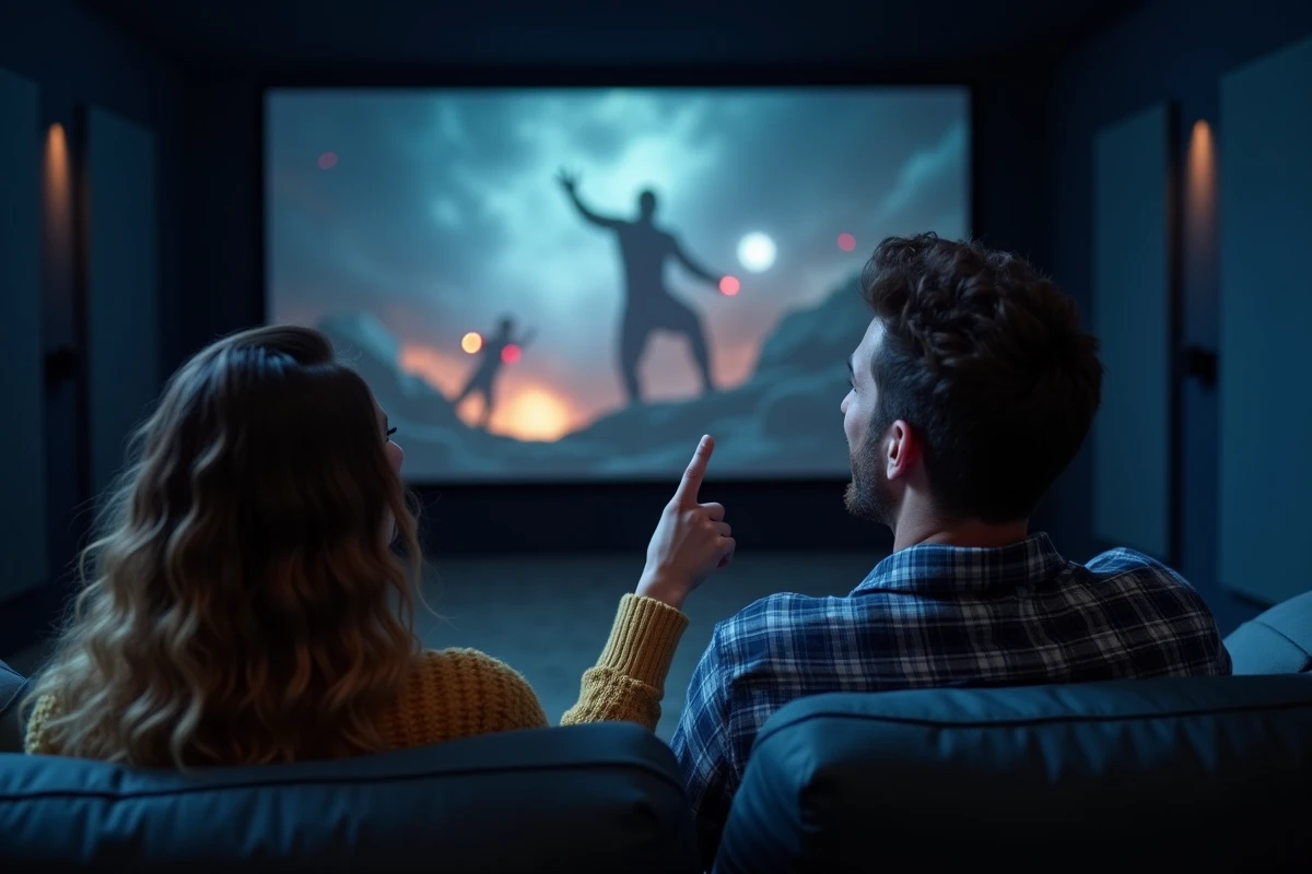 Deux amis fans de Marvel regardant un film Avengers avec Spider-Man dans une salle de cinéma privée