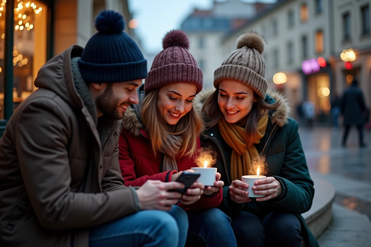 Groupe d'amis consultant un guide des festivités du Nouvel An à Lyon sur smartphone