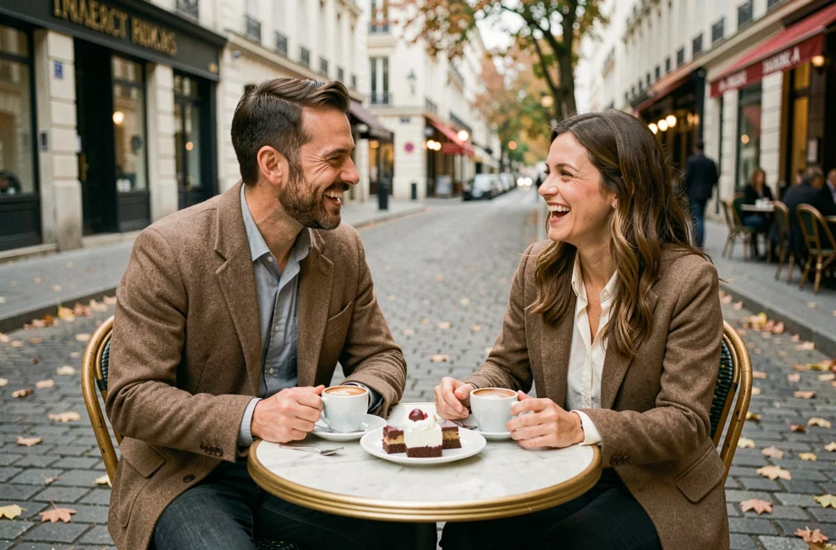Deux amis complices attablés dans un café parisien en terrasse, illustrant amitié et vie personnelle