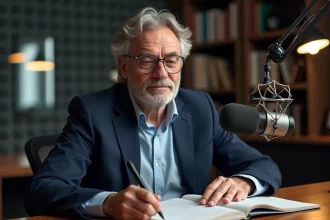 Homme d'âge moyen en studio radio parlant dans un micro