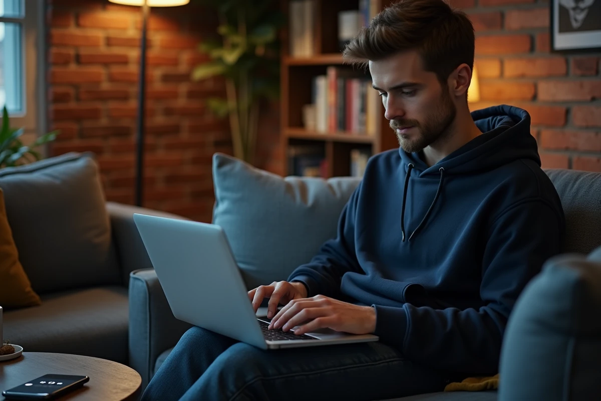 Personne utilisant un annuaire inversé en ligne pour identifier un numéro masqué depuis son appartement