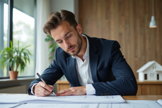 Jeune architecte étudie des plans dans un bureau lumineux