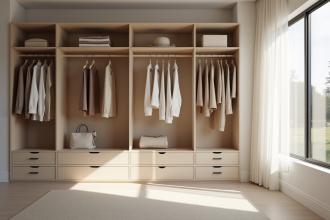 Armoire minimaliste avec vêtements neutres et lumière naturelle