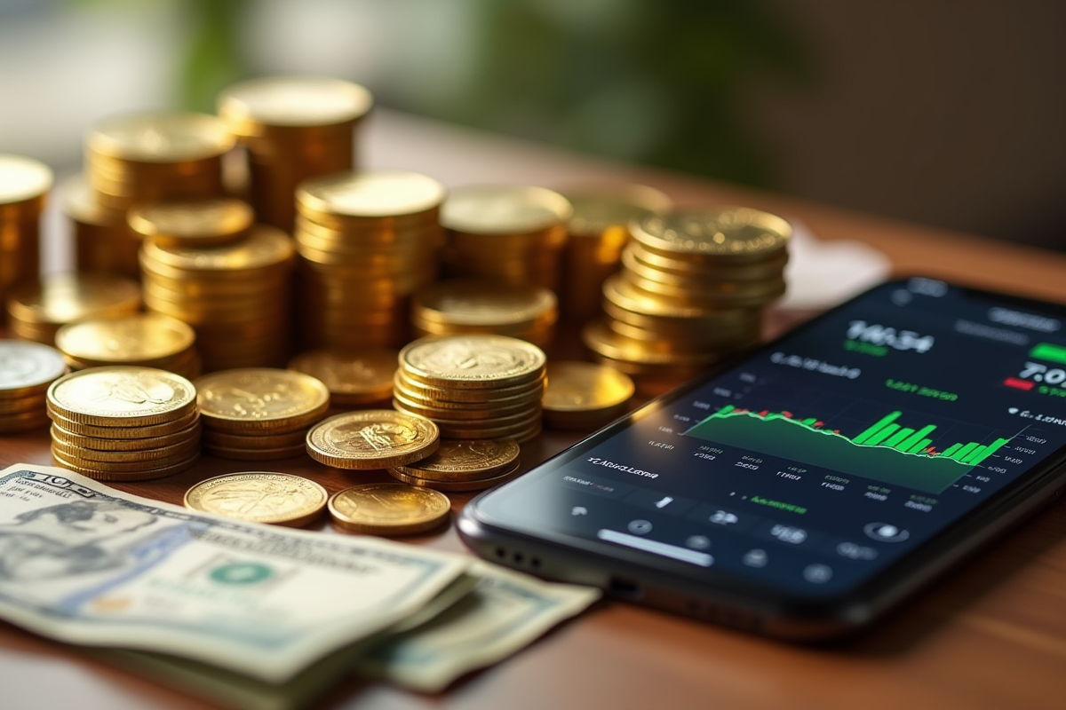 Différents actifs financiers dont pièces or et smartphone affichant la bourse