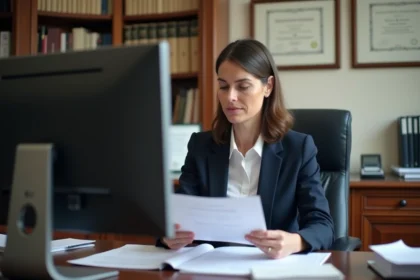 Attachée principale de la fonction publique examinant des documents administratifs liés aux grilles indiciaires dans un bureau institutionnel