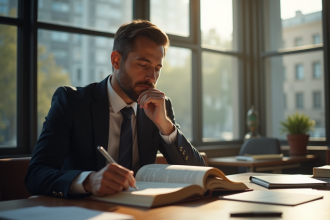 Avocat lisant un livre de droit civil dans un bureau moderne