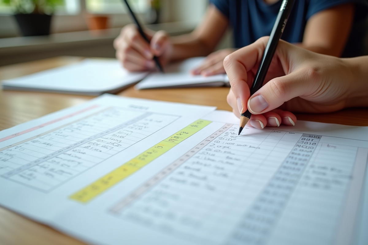 Bulletins scolaires étalés sur un bureau en train d