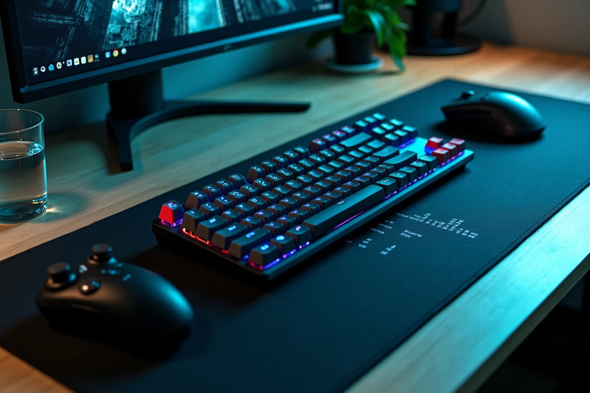 Bureau gaming avec clavier mécanique, manette et fiche de configuration PC recommandée pour Gears of War E-Day