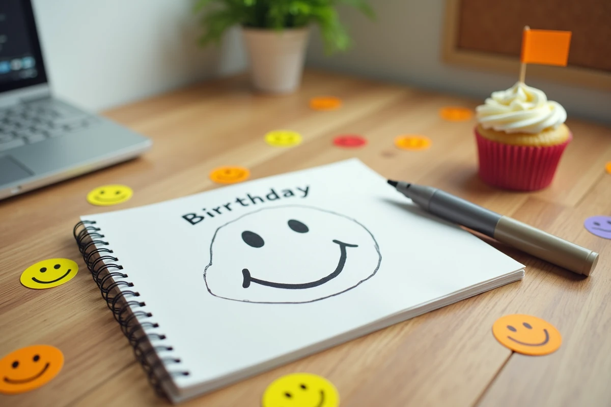 Bureau créatif avec stickers smiley anniversaire, confettis colorés et carnet de dessins festifs