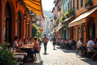 Café de ville européen avec clients et bâtiments colorés