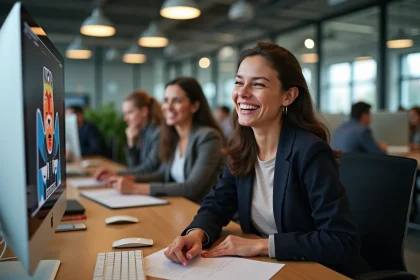 Groupe de collègues de bureau célébrant un anniversaire avec une femme souriante