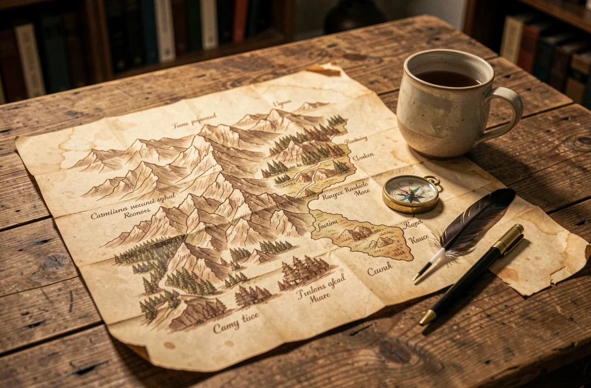 Carte de fantasy détaillée sur une table en bois avec boussole et plume pour illustrer la chronologie du Seigneur des Anneaux