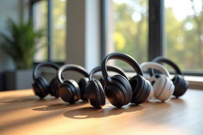 Plusieurs casques Bluetooth haut de gamme 2025 sur bureau moderne