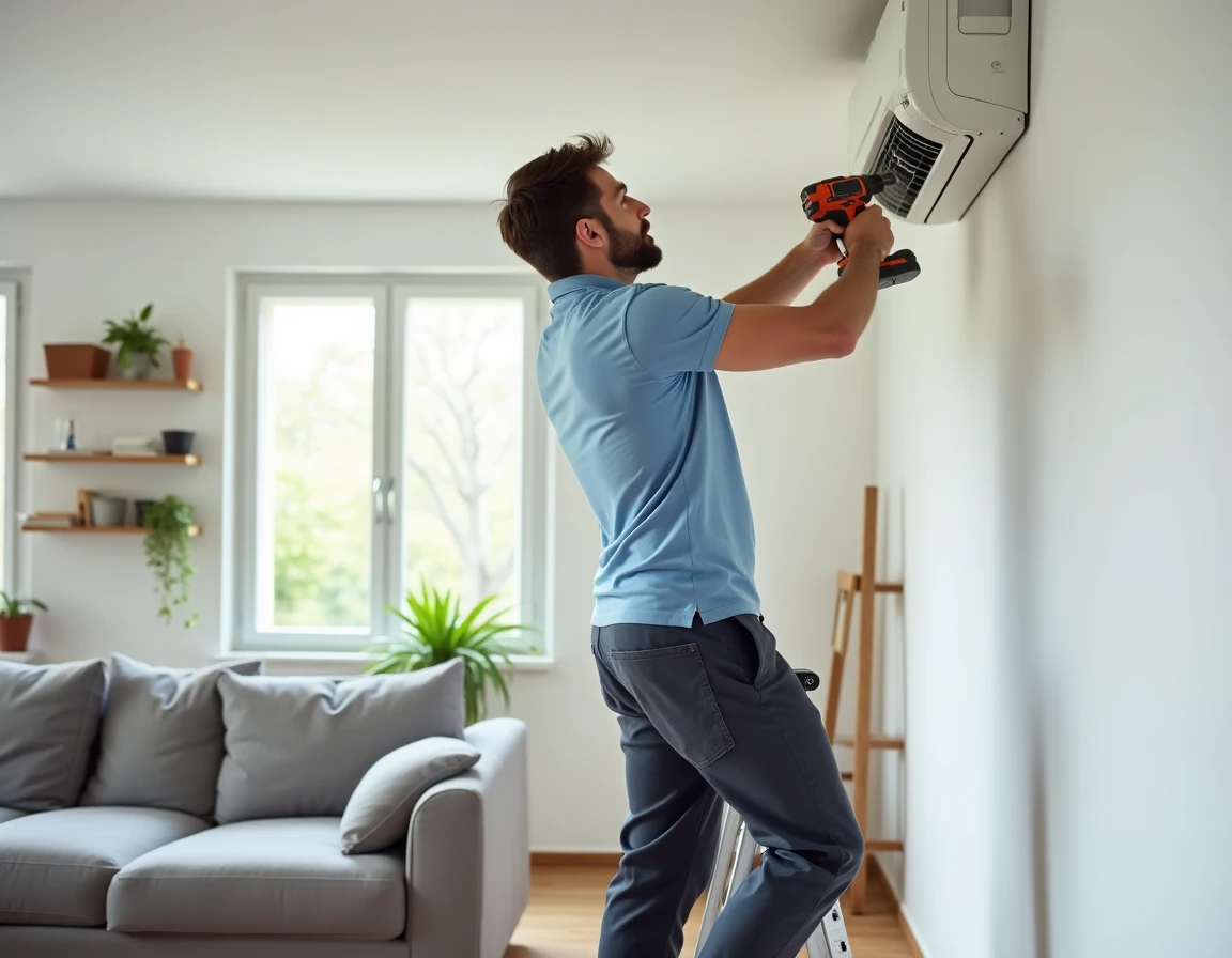 Technicien de Cham' Clim installant un climatiseur split sur le mur d'un salon résidentiel dans le Loiret