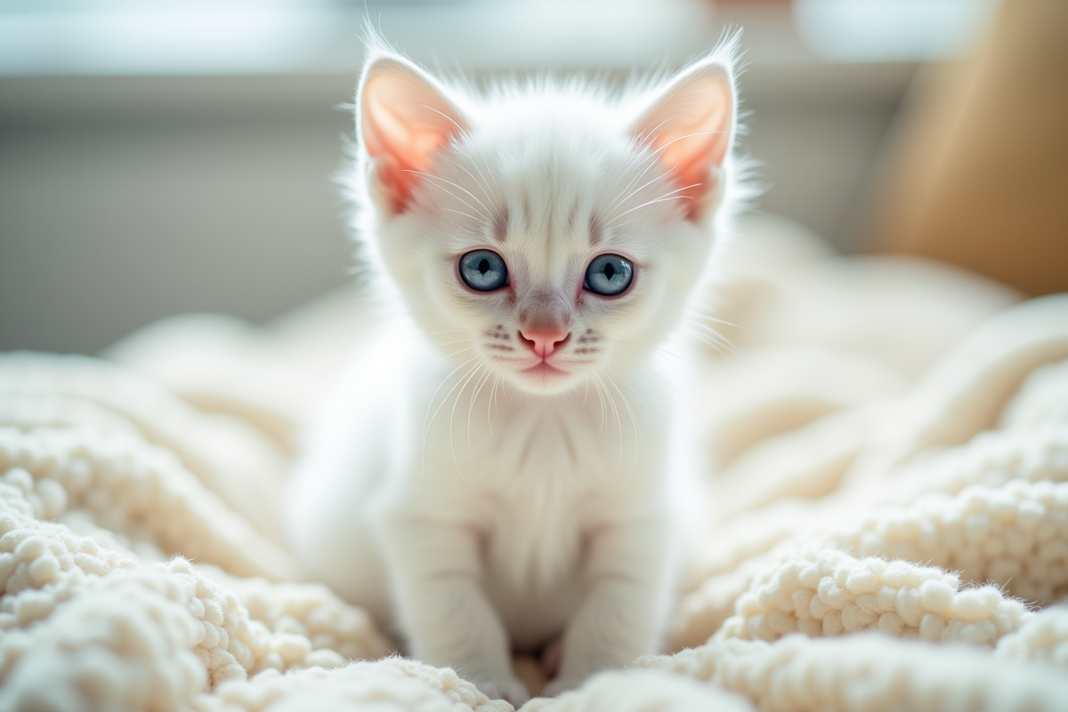 Chaton blanc aux yeux bleus sur une couverture douce