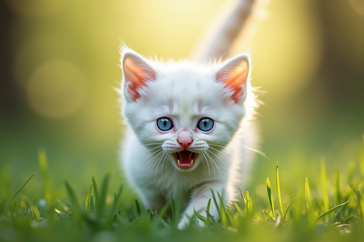 Chaton blanc explorant des portes vertes en extérieur