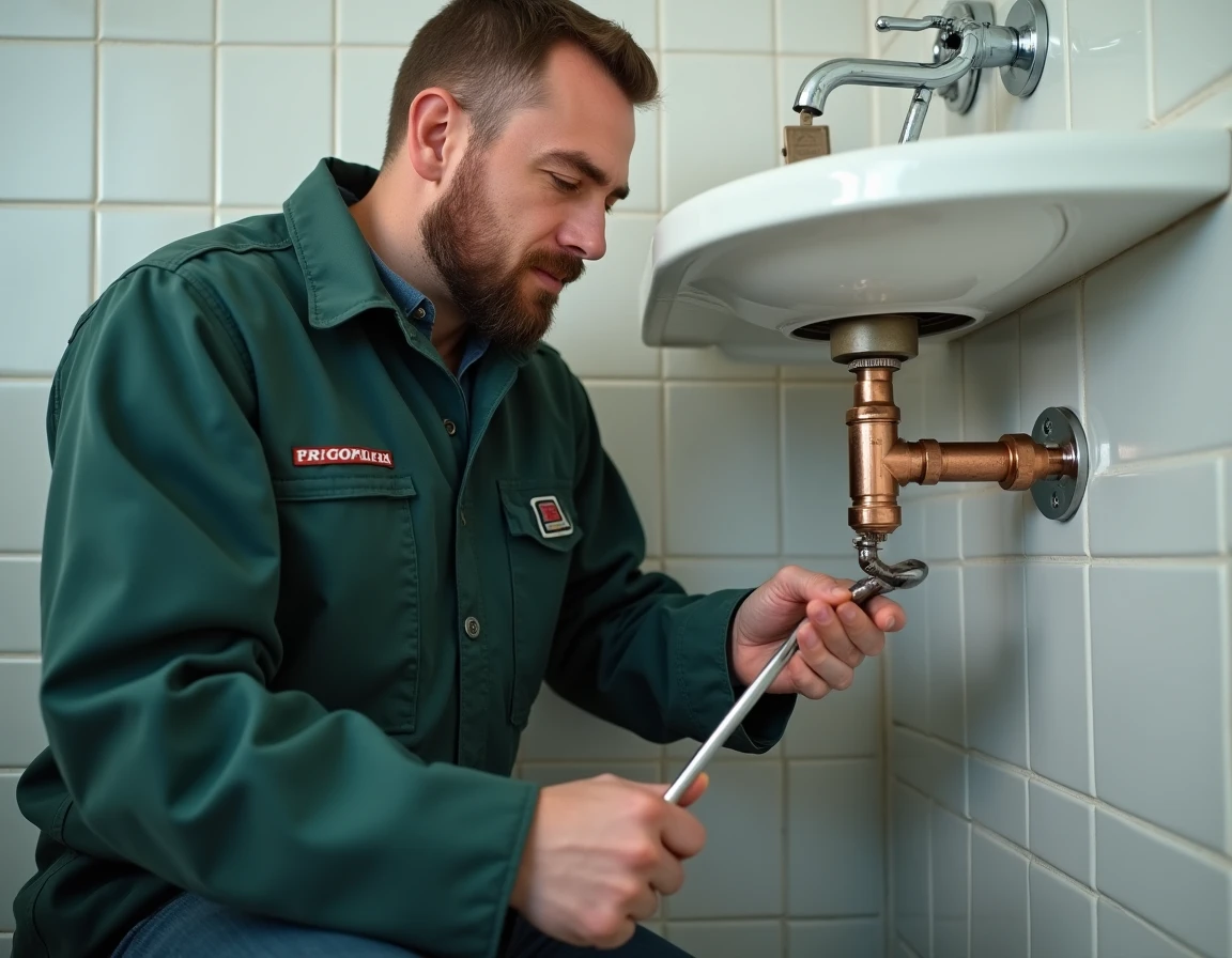 Plombier-chauffagiste de Chauffage Plomberie Simao SARL travaillant sur des raccords cuivre dans une salle de bain