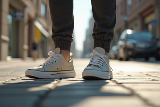 Chaussures de sport urbaines sur le trottoir ensoleille