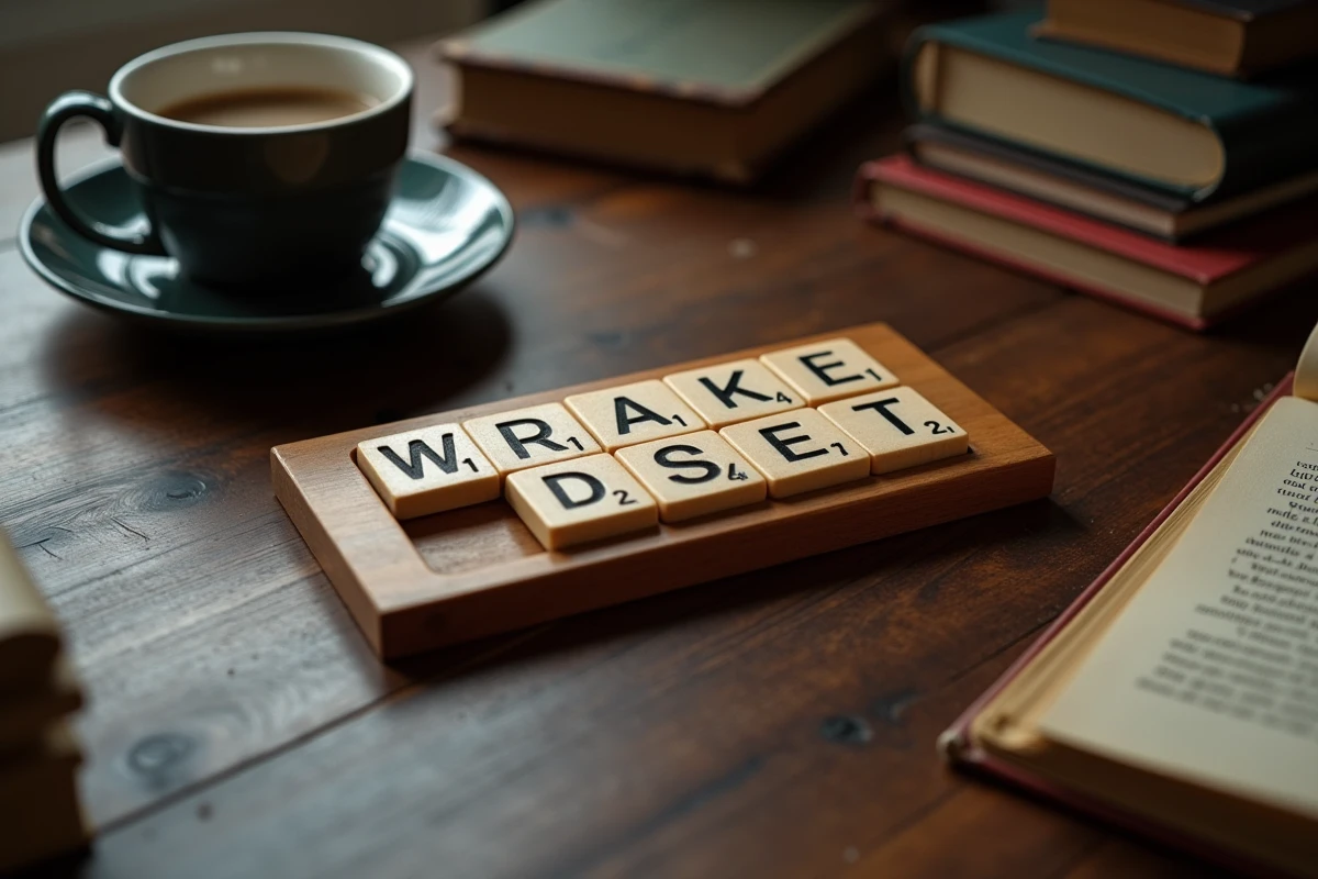Gros plan sur un chevalet de Scrabble avec les lettres W et Z posé sur une table en bois foncé avec un guide stratégique