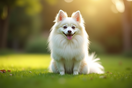 Spitz japonais assis dans un jardin ensoleille