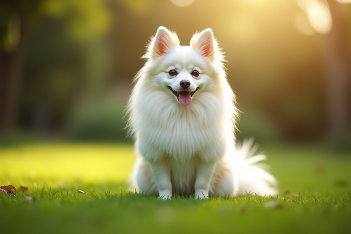 Spitz japonais assis dans un jardin ensoleille