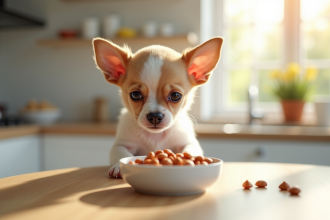 Chiot chihuahua dans une cuisine moderne regardant un bol de nourriture