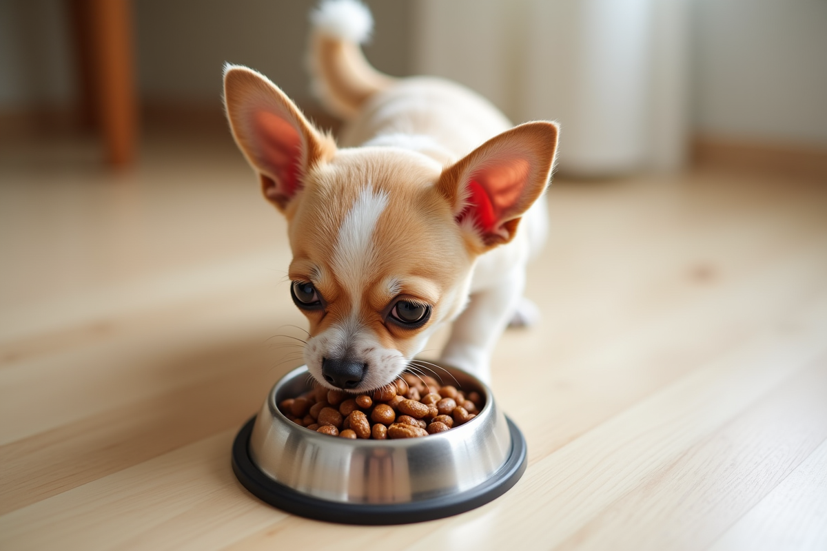 Chiot chihuahua mangeant des croquettes sur un sol en bois clair