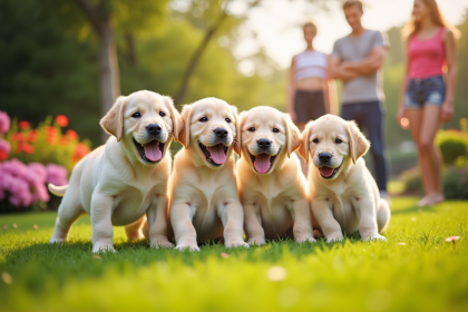 Chiots labrador joueurs dans un jardin ensoleille avec enfants
