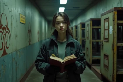 Femme en veste tactique tenant un carnet de chronologie des films Resident Evil dans un couloir de laboratoire abandonné