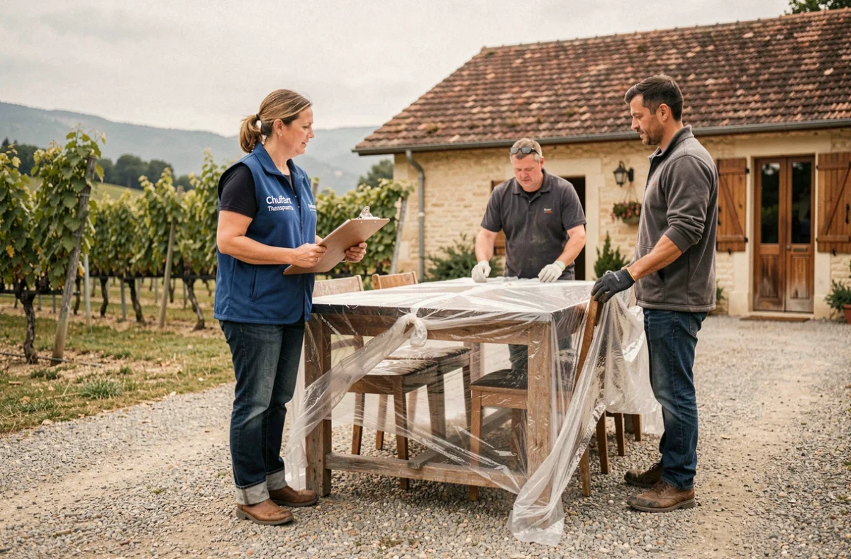 Coordinatrice de l'entreprise Chuffart Transports supervisant l'emballage d'une table dans la cour d'une ferme bourguignonne entourée de vignes