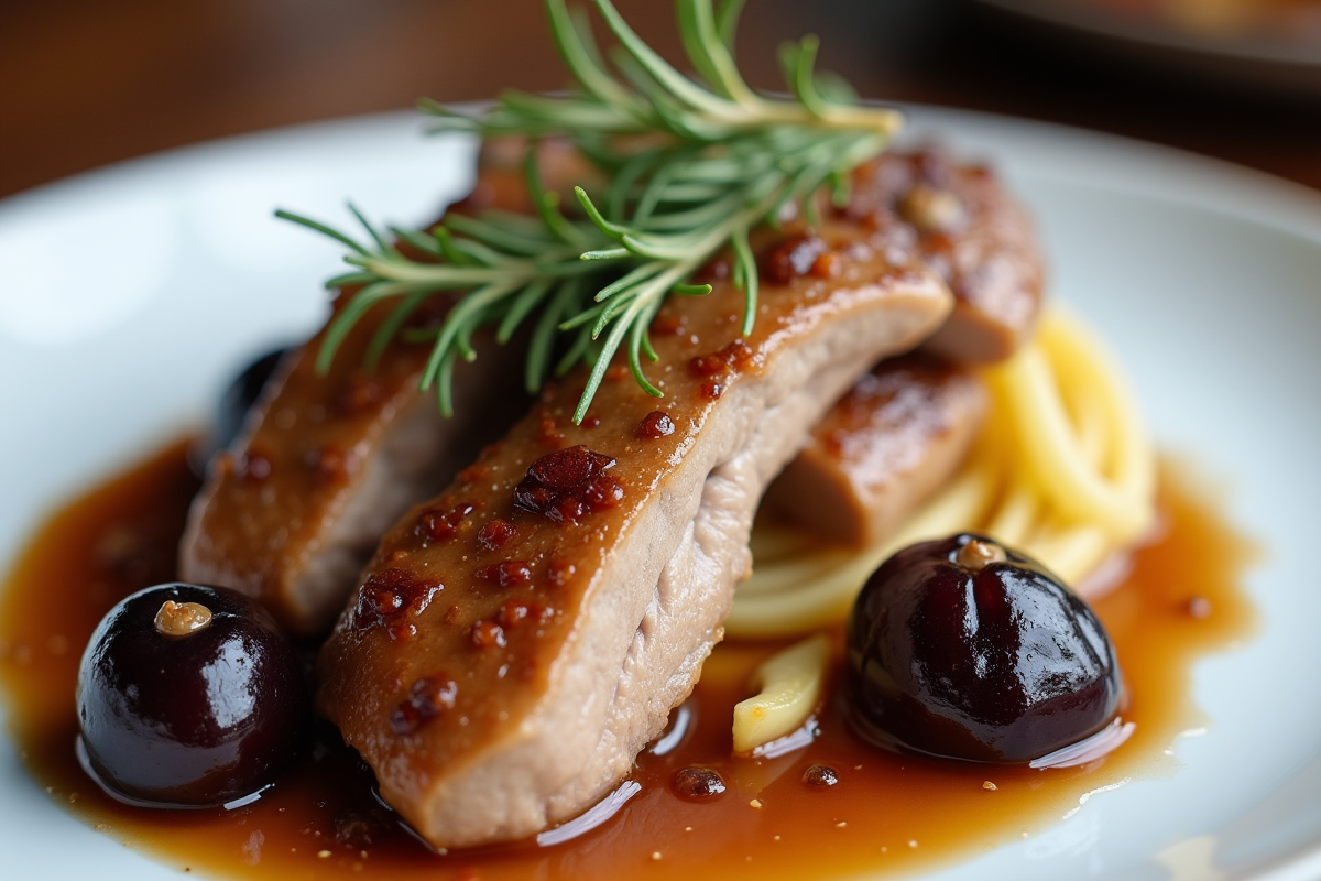 Gros plan sur lapin tendre et prunes sur assiette blanche
