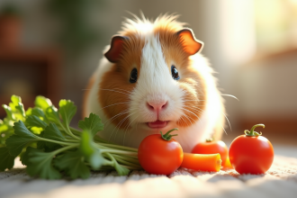 Cochon d'Inde mangeant des légumes frais dans un intérieur lumineux