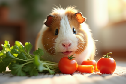 Cochon d'Inde mangeant des légumes frais dans un intérieur lumineux