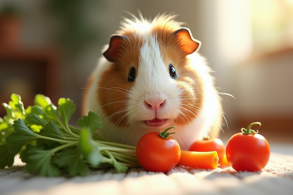 Cochon d'Inde mangeant des légumes frais dans un intérieur lumineux