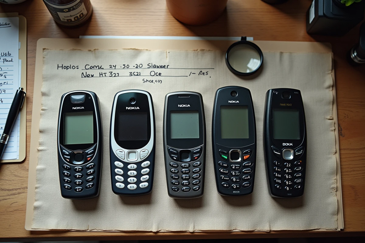 Collection de vieux modèles Nokia disposés sur une table en bois avec une liste de prix manuscrite pour illustrer l'achat de téléphones d'occasion