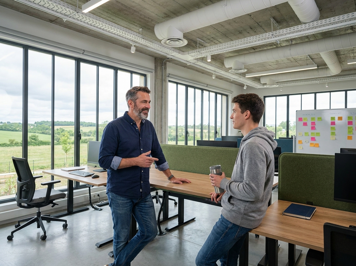 Deux collègues en discussion dans un espace de travail collaboratif lumineux avec vue sur la campagne bretonne