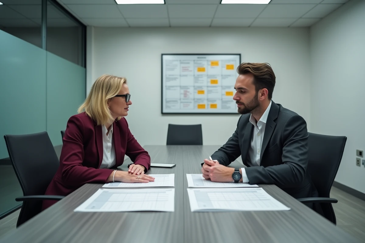 Deux fonctionnaires comparant les grilles indiciaires des attachés principaux et des attachés hors classe lors d'une réunion administrative