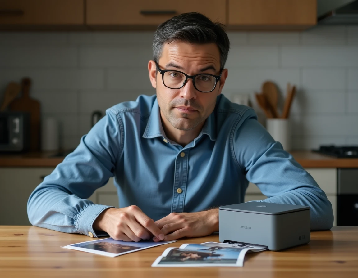 Homme comparant les impressions d'une imprimante portable et d'une imprimante classique posées côte à côte sur une table