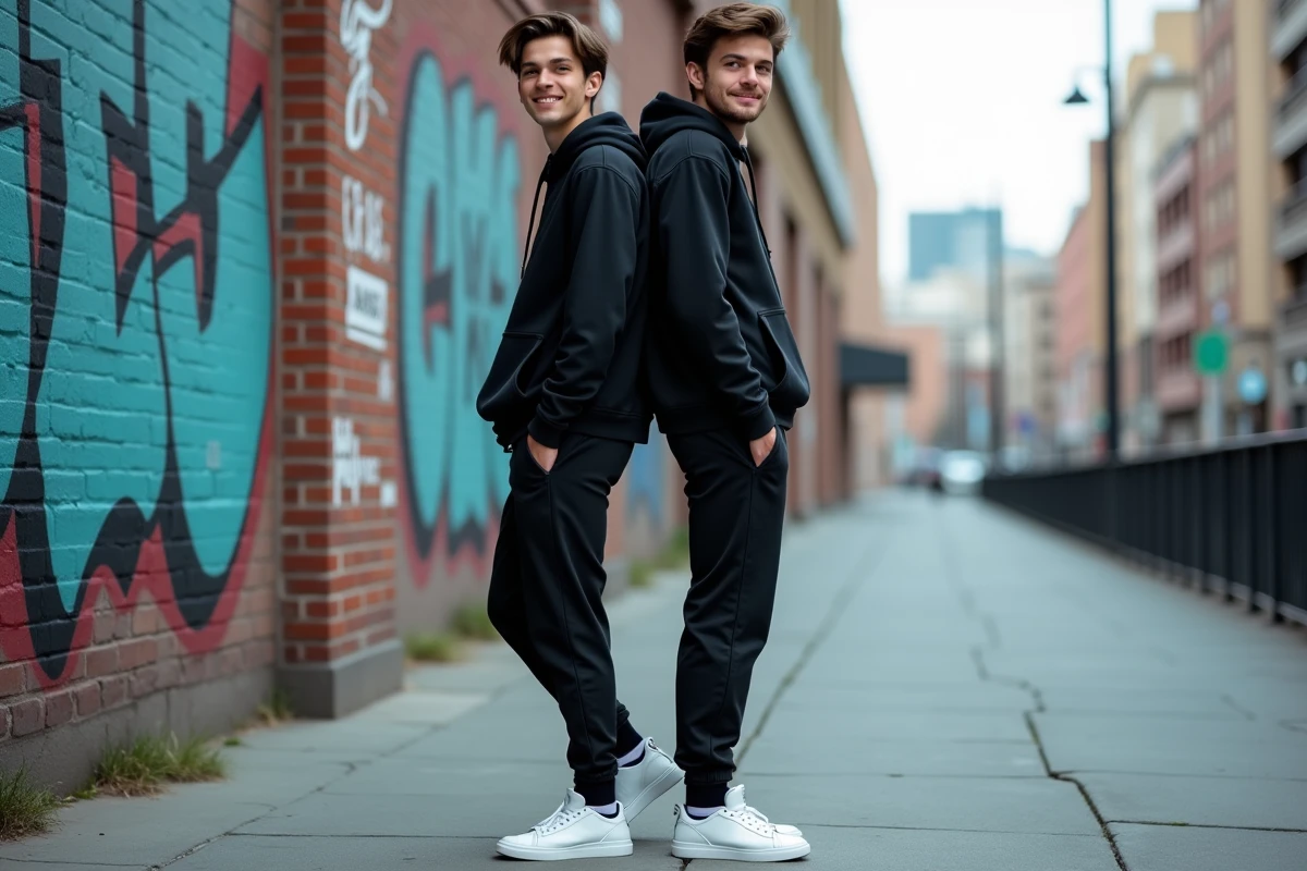 Comparaison de taille entre deux hommes debout dos à dos dans une rue urbaine avec un mur en briques tagué en arrière-plan