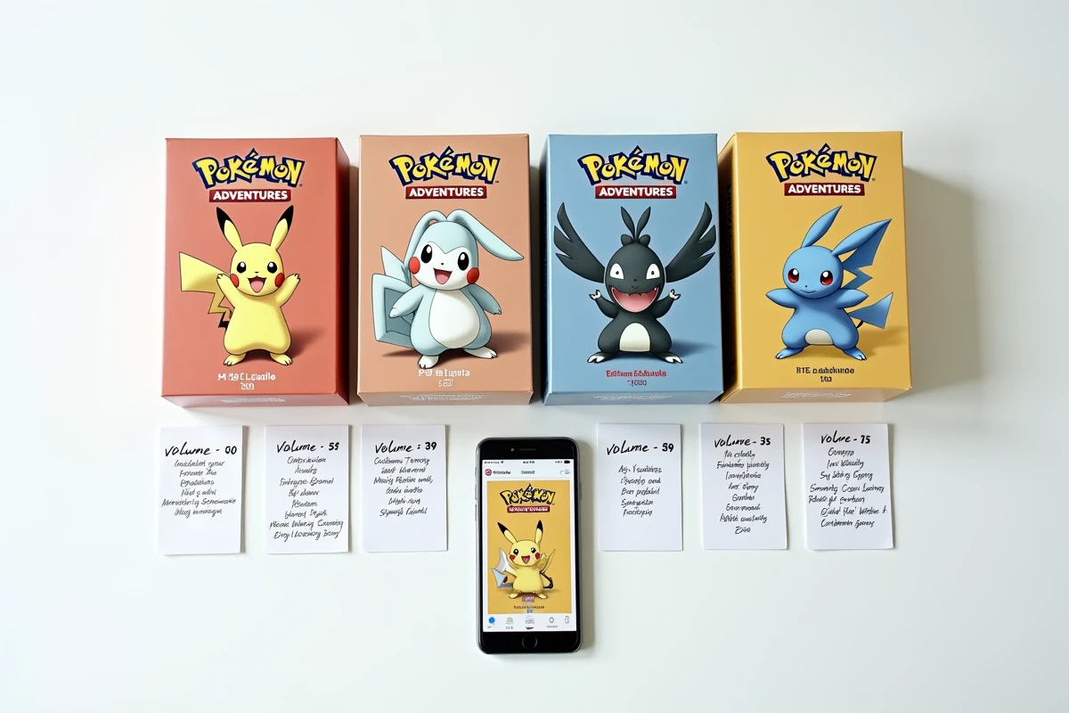 Comparatif de plusieurs displays Pokémon Aventures côte à côte avec fiches de prix et smartphone affichant une offre en ligne