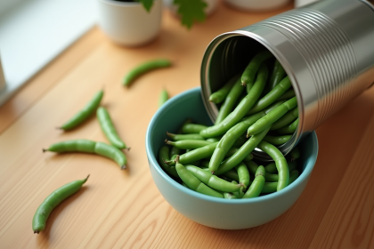 Conserve de haricots verts versée dans un bol lumineux