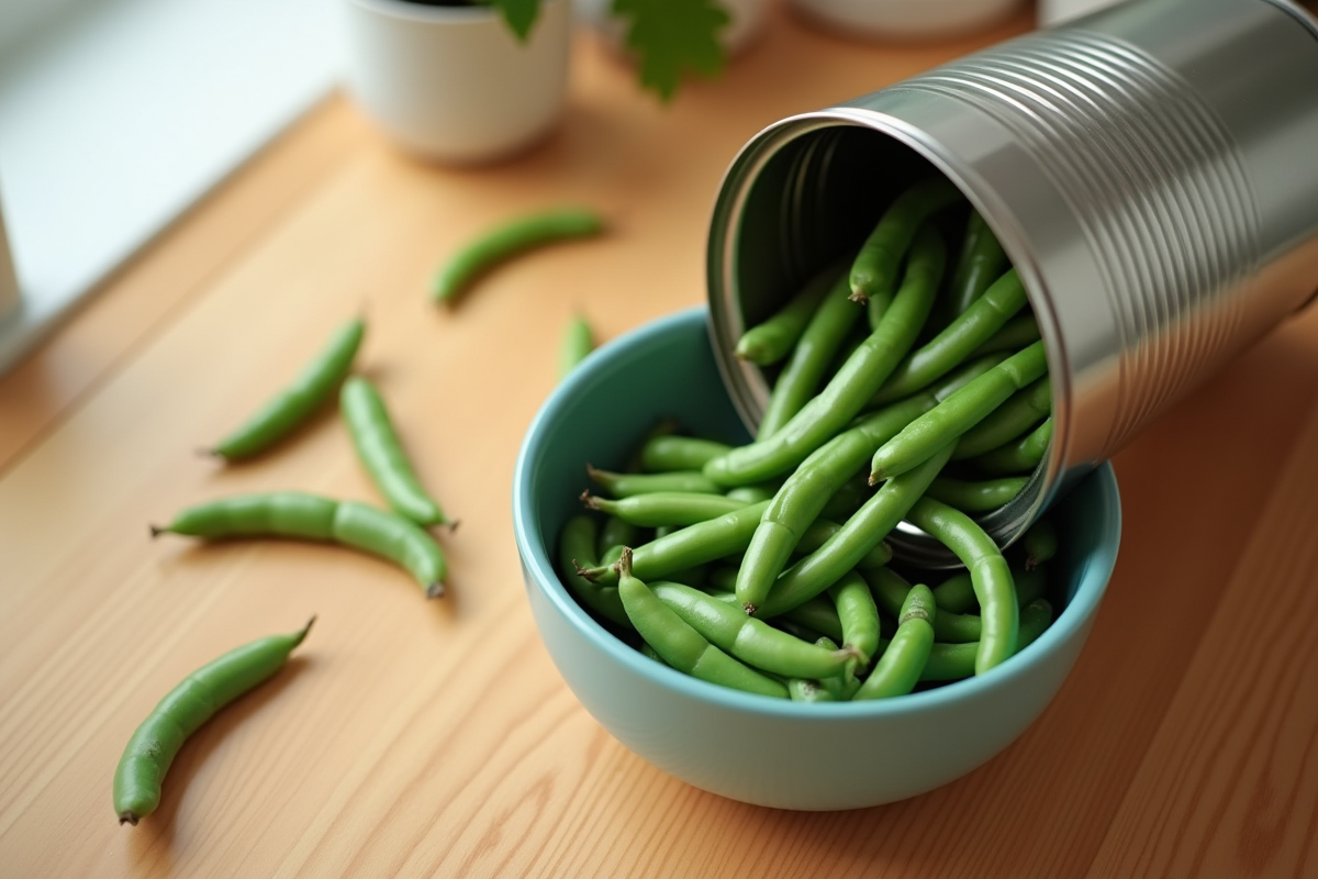 Conserve de haricots verts versée dans un bol lumineux